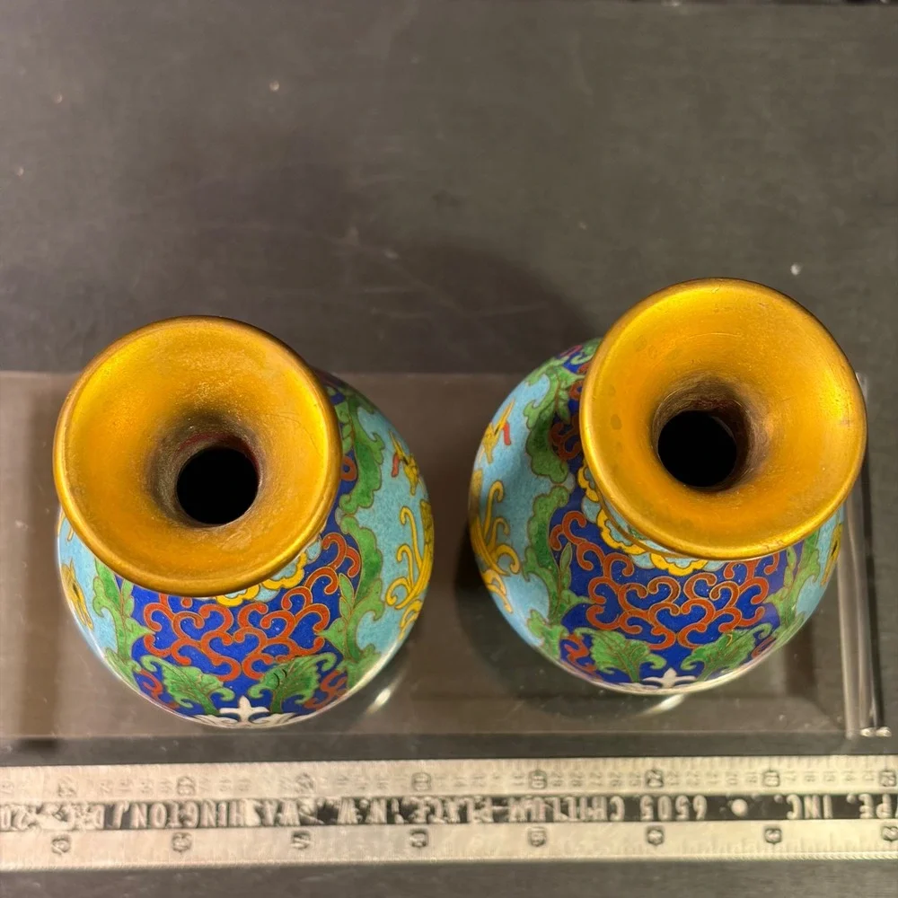 Vintage Chinese Cloisonne Enamel Phoenix Miniature Bud Vases Pair Turquoise 4in